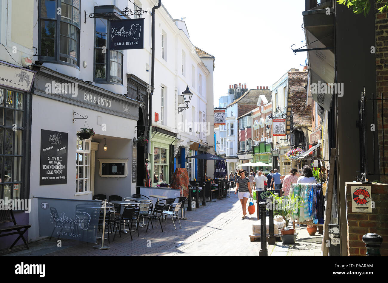 Vibrant George Street in Hastings Old Town, in East Sussex, UK Stock Photo