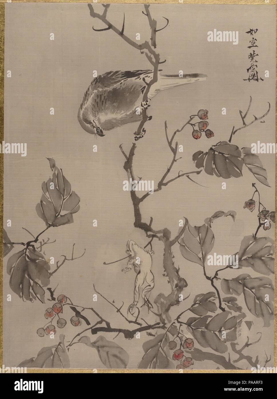 Bird and Frog. Artist: Kawanabe Kyosai (Japanese, 1831-1889). Culture: Japan. Dimensions: 14 1/4 x 10 1/2 in. (36.2 x 26.7 cm). Date: ca. 1887. Museum: Metropolitan Museum of Art, New York, USA. Stock Photo