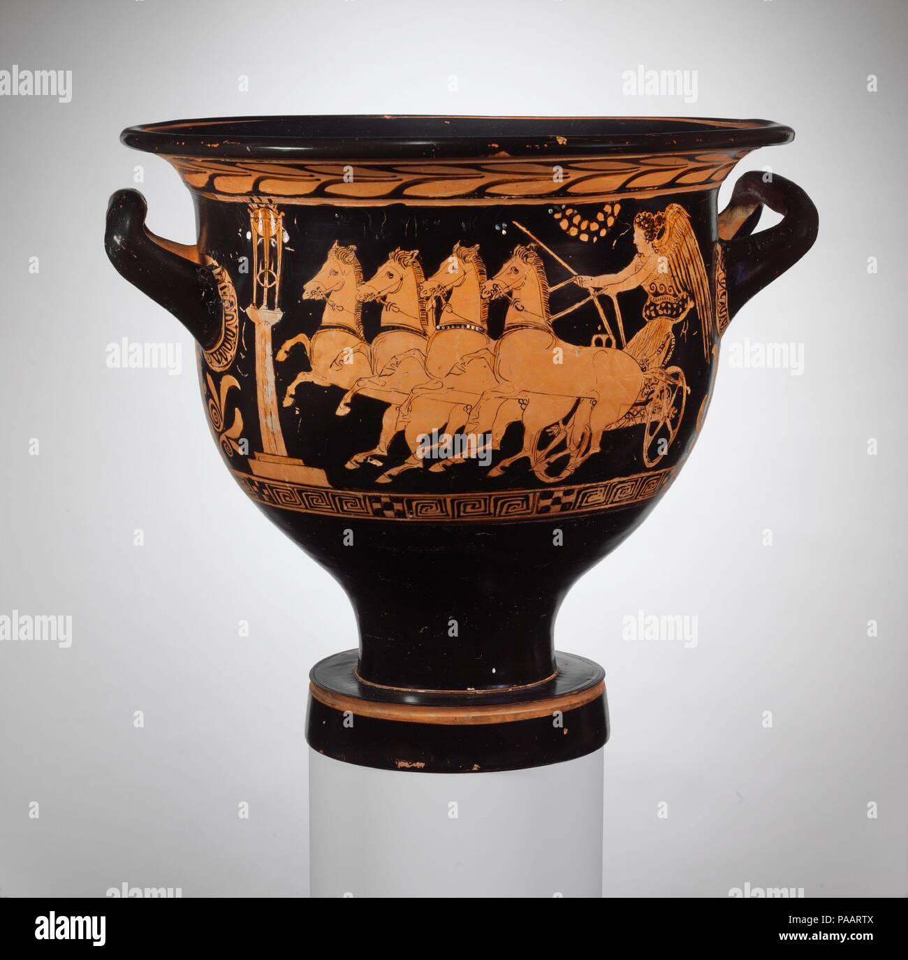 Terracotta bell-krater (bowl for mixing wine and water). Culture: Greek, Attic. Dimensions: Other: 14 3/4 x 15 5/8 (37.5 x 39.7 cm). Date: late 5th century B.C.. Obverse, Nike personification