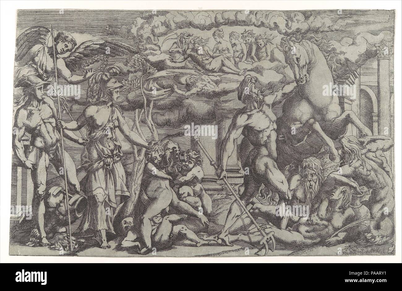 The Dispute Between Neptune And Athena Artist Antonio Fantuzzi Italian Active France 1537 45 After Rosso Fiorentino Italian Florence 1494 1540 Fontainebleau Dimensions Sheet Trimmed 10 5 16 16 1 8 In 26 2 41