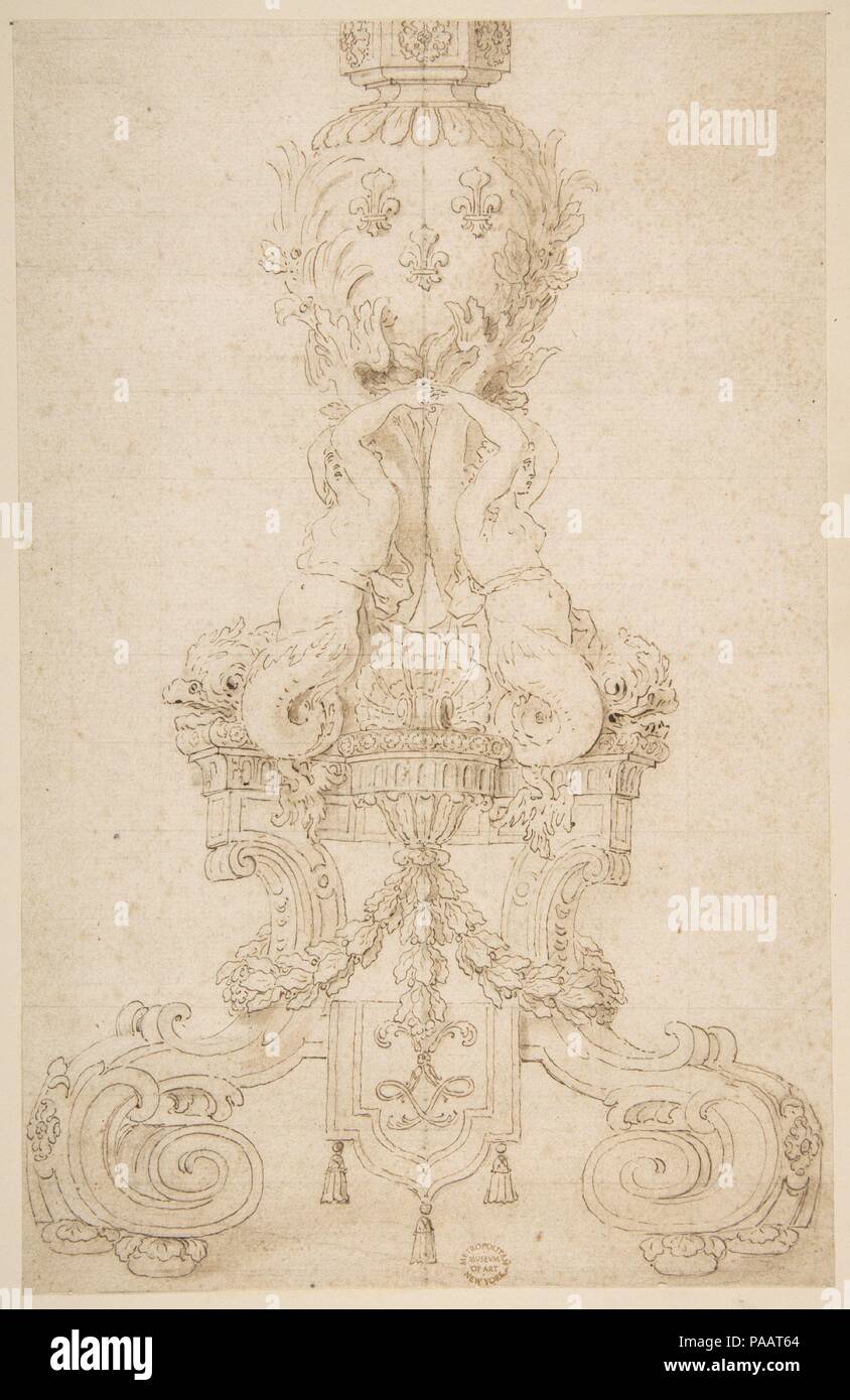 Design for a Candelabrum with the Monogram of Louis XIV. Artist: Anonymous, French, 17th century. Dimensions: sheet: 11 1/2 x 7 1/4 in. (29.2 x 18.4 cm). Date: 17th century. Museum: Metropolitan Museum of Art, New York, USA. Stock Photo
