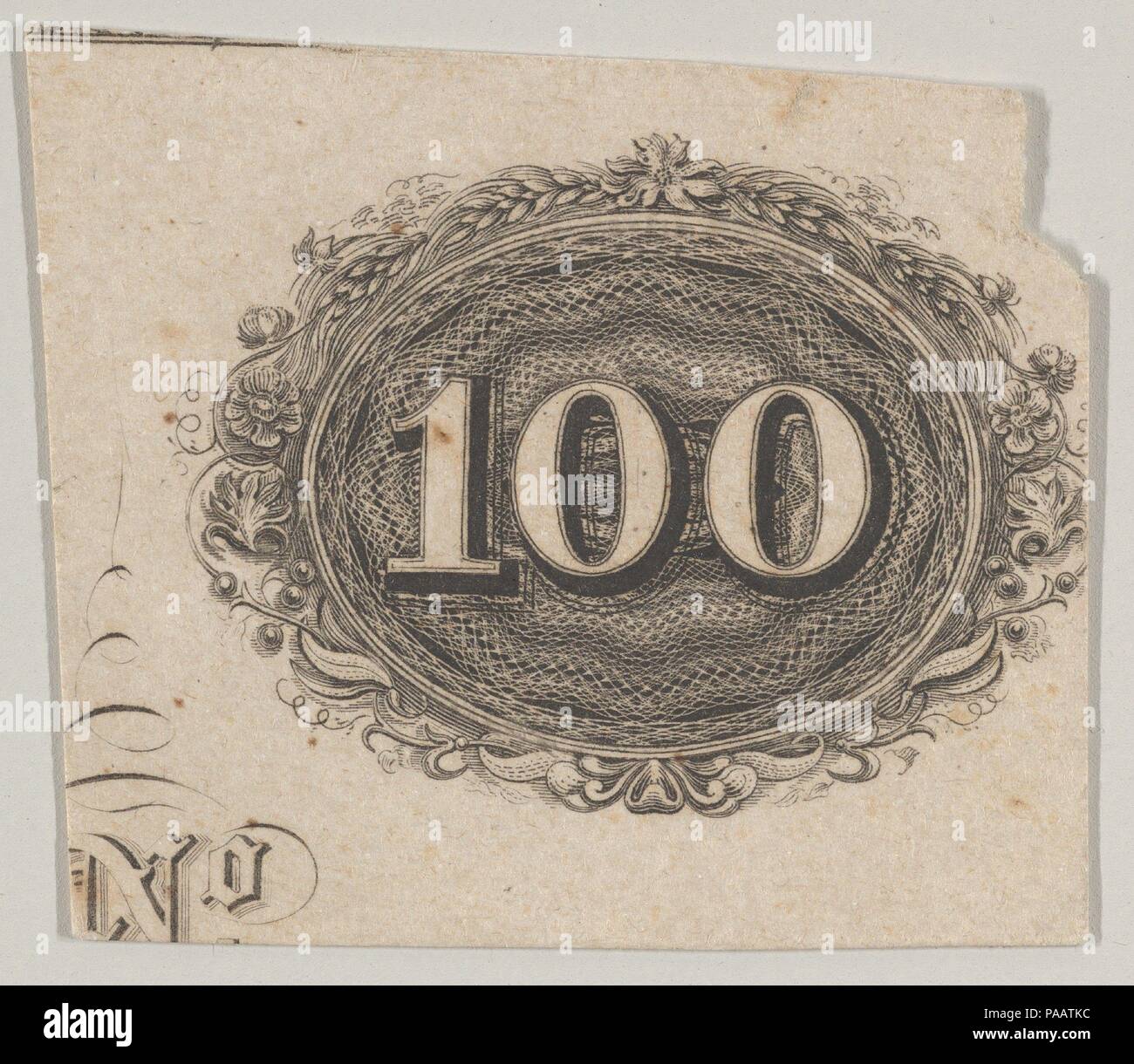 Banknote motif: the number 100 against an ornamental lathe work oval resembling woven rope with a border of grain, flowers and berries. Artist: Associated with Cyrus Durand (American, 1787-1868). Dimensions: sheet: 1 3/8 x 1 9/16 in. (3.5 x 4 cm). Printer: Printed by A. B. & C. Durand & Company (American, active 1824-27); Printed by Durand, Perkins, and Company (New York). Date: ca. 1824-42. Museum: Metropolitan Museum of Art, New York, USA. Stock Photo