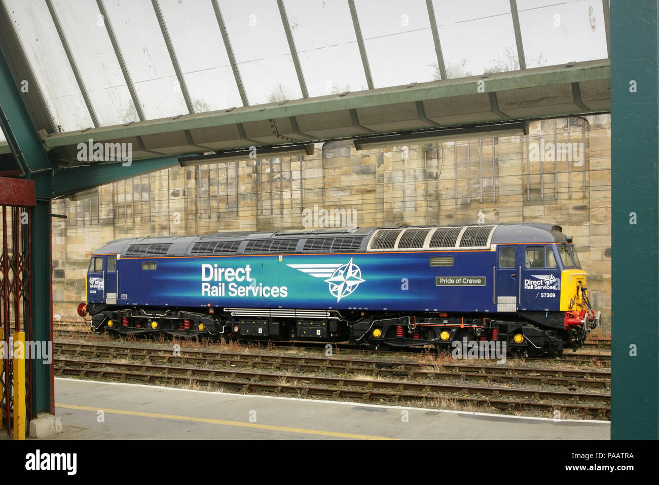 Direct Rail Services Class 57 diesel locomotive 57309 'Pride of Crewe' at Carlisle station, UK. Stock Photo