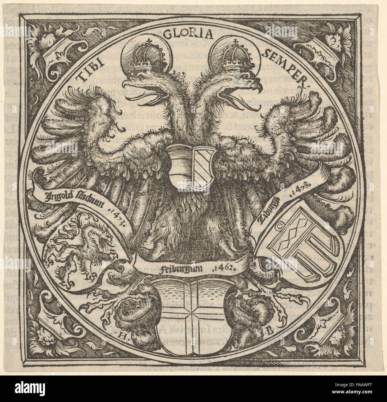 Imperial Double Eagle with the Coat of Arms of Ingolstadt, Freiburg, and Tübingen, from Joan. Eckii Theologi in summulas Petri Hispani extemporaria et succincta atque succosa explanatio p[ro] sup[er] ioris Germaniae scholasticis. Artist: Hans Burgkmair (German, Augsburg 1473-1531 Augsburg). Author: Johann von Eck (1486-1543). Dimensions: Sheet: 5 5/16 × 5 7/16 in. (13.5 × 13.8 cm)  Plate: 5 1/8 × 5 1/16 in. (13 × 12.8 cm). Publisher: Johann Miller (active Augsburg ca. 1512-28). Date: 1516.  Double-headed eagle with three coat of arms below for the university-towns of Ingolstadt, Feiburg, and T Stock Photo