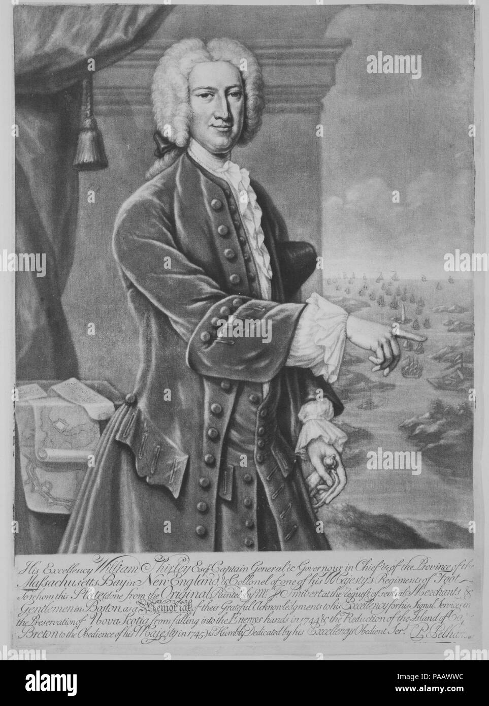 William Shirley, Governor of Massachusetts. Artist: After John Smibert (American, Edinburgh, Scotland 1688-1751 Boston, Massachusetts); Engraved by Peter Pelham (American (born England), London 1697-1751 Boston, Massachusetts). Dimensions: image: 11 3/4 x 9 3/4 in. (29.8 x 24.8 cm)  plate (trimmed at top): 13 3/4 x 9 13/16 in. (34.9 x 25 cm)  sheet: 14 x 9 15/16 in. (35.5 x 25.2 cm). Sitter: William Shirley (British, Preston Manor, Sussex 1694-1771). Date: 1747. Museum: Metropolitan Museum of Art, New York, USA. Stock Photo