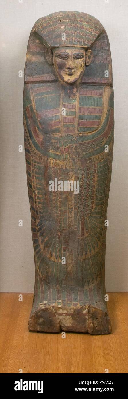 Rishi coffin. Dimensions: l. 190 cm (74 13/16 in); w. 50 cm (19 11/16 in); h. 50 cm (19 11/16 in). Dynasty: Dynasty 17. Date: ca. 1640-1550 B.C..  Rishi coffins like this one are characterized by the feather pattern painted on their lids and by their wedge-shaped faces. They are unique to Thebes in Dynasty 17 and early Dynasty 18. For other examples of this type, see 12.181.299; 30.3.4a, b-30.3.7a, b. Museum: Metropolitan Museum of Art, New York, USA. Stock Photo