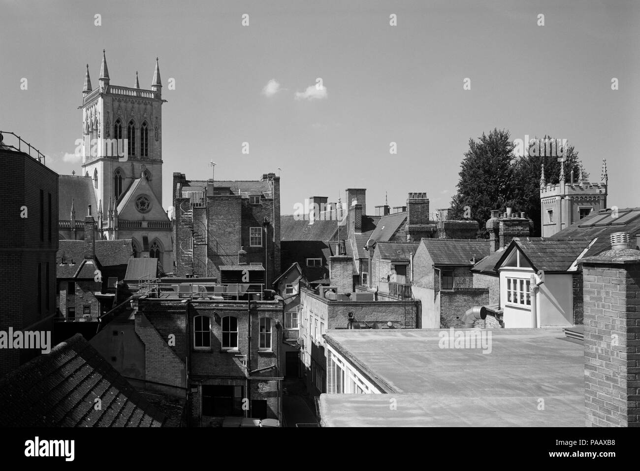 Cambridge rooftops showing St John's Tower and St Clement's Church Stock Photo