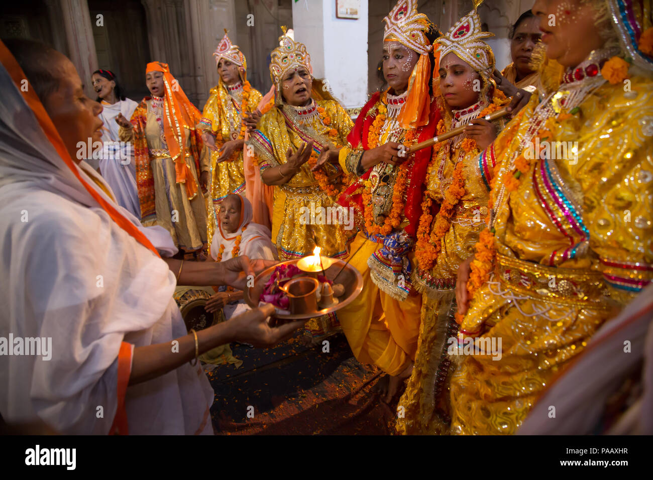 Indian Hindu widows celebrating Janmashtami  in ashrams in Vrindavan , India Stock Photo