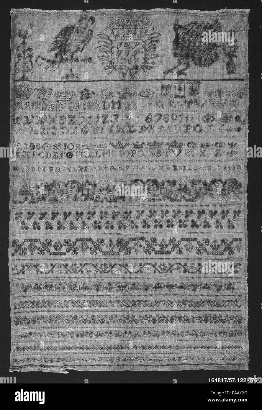 Sampler. Culture: German. Dimensions: H. 22 1/2 x W. 14 7/8 inches (57.2 x 37.8 cm). Date: 1767. Museum: Metropolitan Museum of Art, New York, USA. Stock Photo