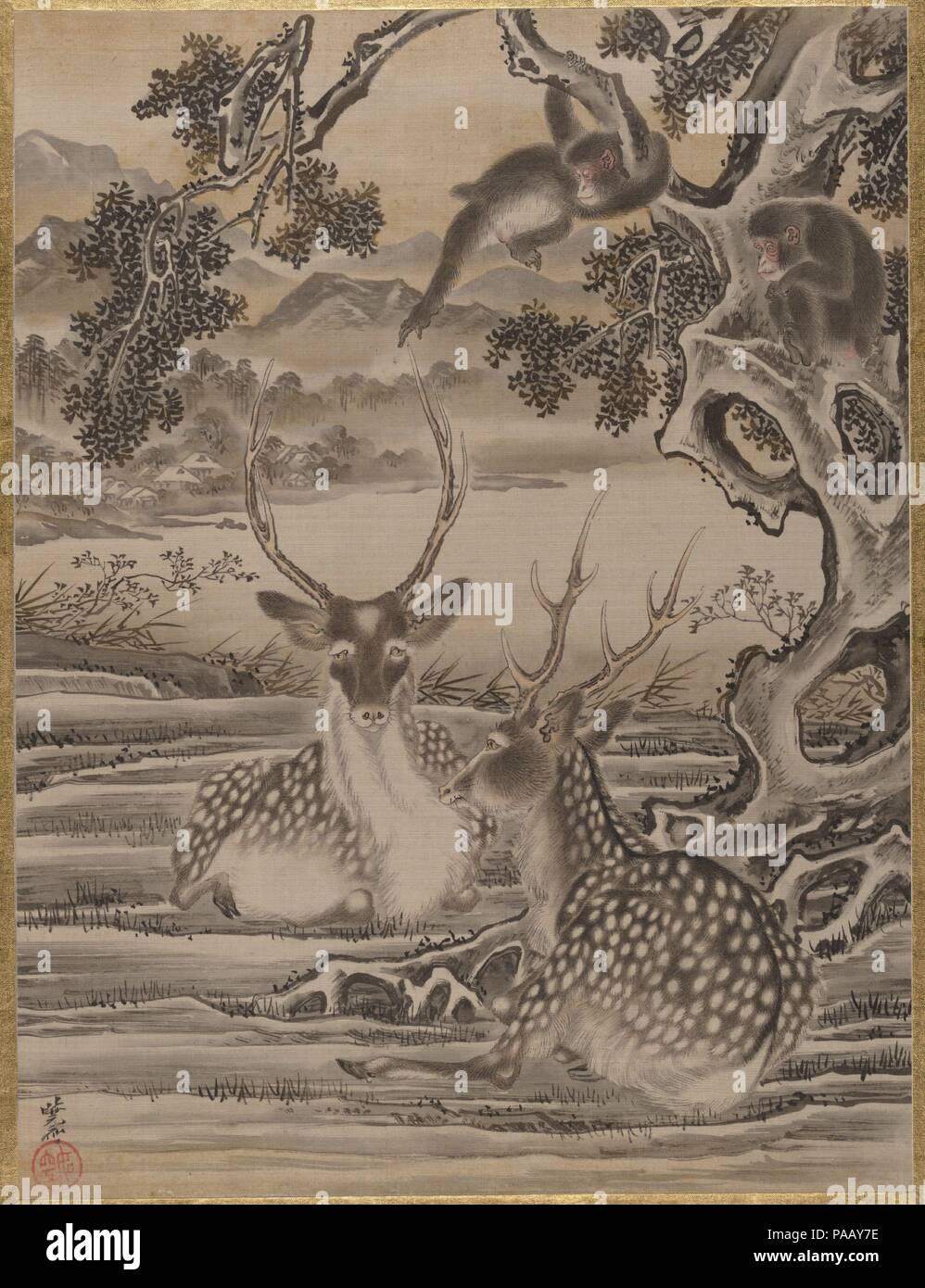 Deer and Monkeys. Artist: Kawanabe Kyosai (Japanese, 1831-1889). Culture: Japan. Dimensions: 14 1/4 x 10 1/2 in. (36.2 x 26.7 cm). Date: ca. 1887. Museum: Metropolitan Museum of Art, New York, USA. Stock Photo