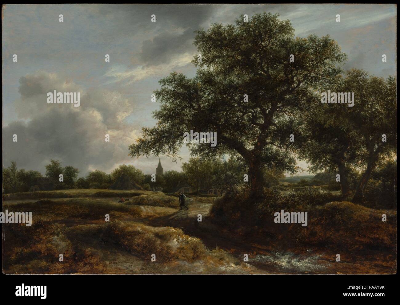 Landscape with a Village in the Distance. Artist: Jacob van Ruisdael (Dutch, Haarlem 1628/29-1682 Amsterdam). Dimensions: 30 x 43 in. (76.2 x 109.2 cm). Date: 1646.  This ambitious picture is one of nine known landscape paintings that bear the earliest date found on works by Van Ruisdael, 1646. At the time the artist was about eighteen years old. Youthful exuberance and some losses of paint and glazes combine to make the topography in the foreground somewhat unclear. However, the naturalistic description of foliage and the dramatic presentation of trees forecast the future of Holland's greates Stock Photo