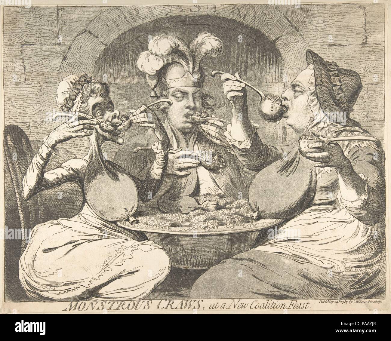 Monstrous Craws at a New Coalition Feast. Artist: James Gillray (British, Chelsea 1756-1815 London). Dimensions: sheet: 14 5/8 x 18 7/16 in. (37.2 x 46.9 cm). Publisher: Samuel William Fores (British, 1761-1838). Date: May 29, 1787.  Queen Charlotte, George, Prince of Wales, and King George III ravenously ladle guineas into their mouths from a bowl marked 'John Bull's Blood.' The money falls into bags attached to their necks - the monstrous craws of the title, a term normally applied to the crops of birds. Gillray used the imagery of gluttony to criticize the exorbitant demands on the public p Stock Photo