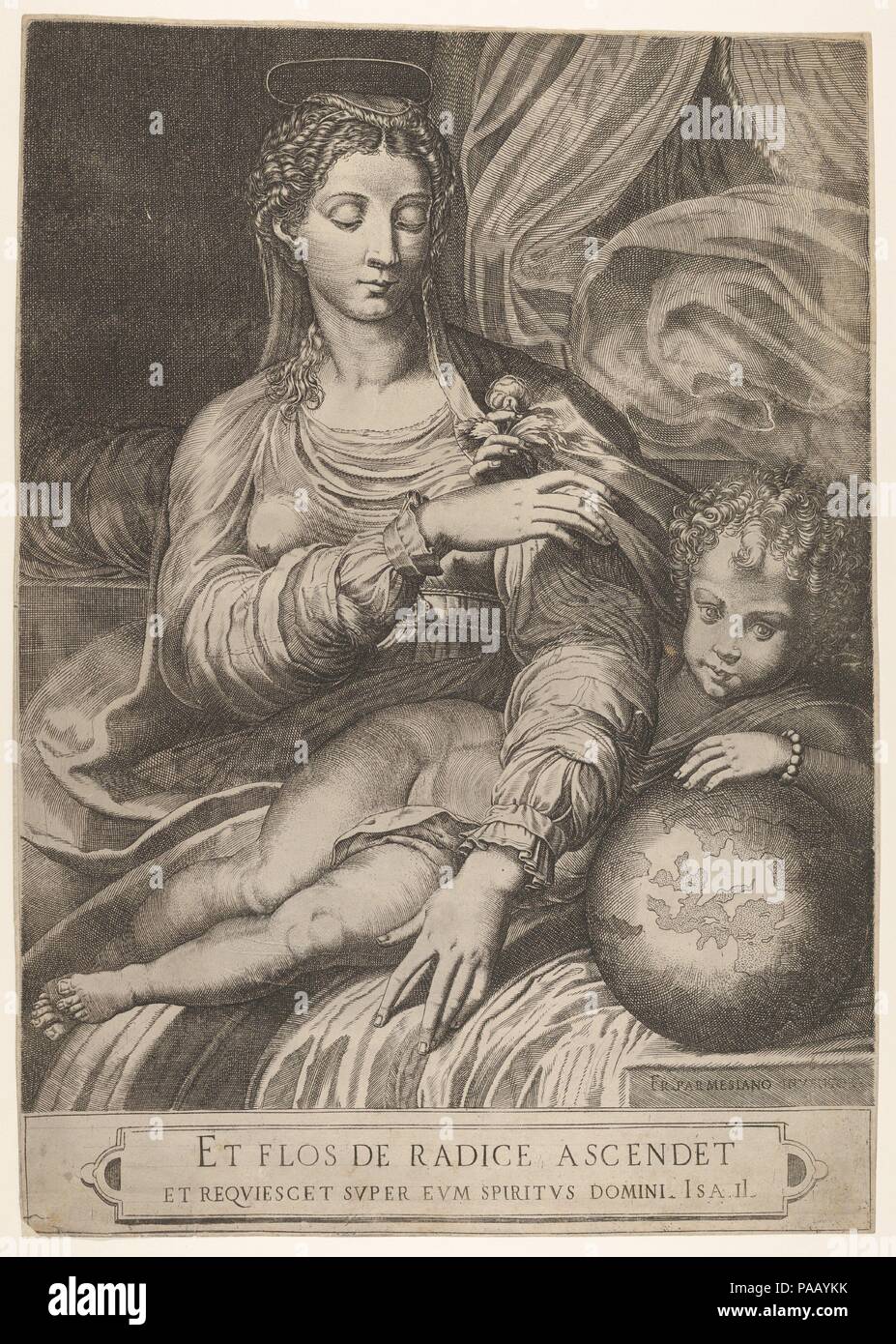 Madonna of the Rose, the Madonna reaches for a rose upheld by the child, who reclines on a drapery and rests his left arm on a globe. Artist: After Parmigianino (Girolamo Francesco Maria Mazzola) (Italian, Parma 1503-1540 Casalmaggiore); Domenico Tibaldi (Italian, 1541-1583 (active Bologna)). Dimensions: Sheet: 18 11/16 x 13 5/16 in. (47.5 x 33.8 cm). Date: 1516. Museum: Metropolitan Museum of Art, New York, USA. Stock Photo