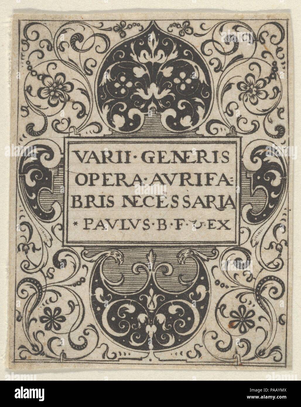Title Page, from Varii Generis Opera Aurifabris Necessaria. Artist: Paul Birckenhultz (1561-1639). Dimensions: Sheet: 1 13/16 × 1 7/16 in. (4.6 × 3.7 cm). Date: ca. 1600.  Title page with title in rectangular frame at center, with large rounded areas of ornamental blackwork above and below the central plaque, and smaller areas of blackwork design at left and right. From a series of six plates of ornamental designs. Museum: Metropolitan Museum of Art, New York, USA. Stock Photo
