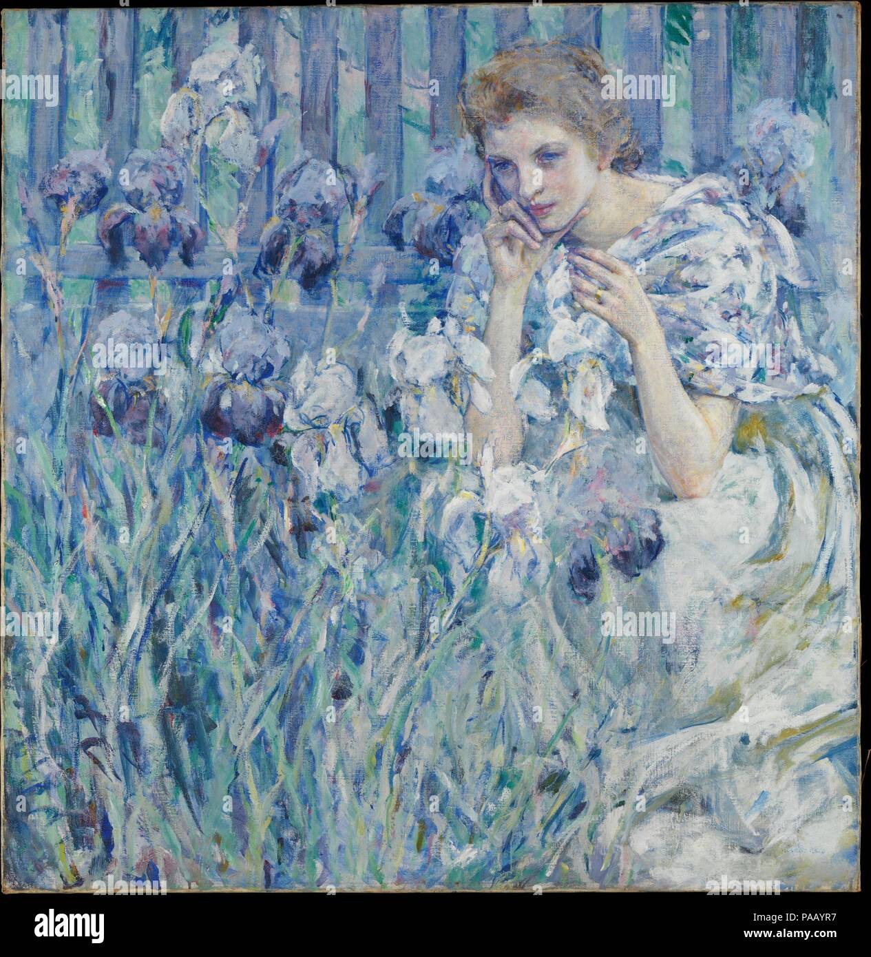 Fleur de Lis. Artist: Robert Reid (1862-1929). Dimensions: 44 1/8 x 42 3/4 in. (112.1 x 108.6 cm). Date: ca. 1895-1900.  Robert Reid was among the founding members of the Ten American Painters, a loosely defined group of French-trained artists associated with Impressionism. Best known for his decorative figure paintings featuring elegant women enveloped in outdoor settings, Reid went on to specialize in murals. This work recalls the 'Smell' panel in his 'Five Senses' series at the Library of Congress. Museum: Metropolitan Museum of Art, New York, USA. Stock Photo