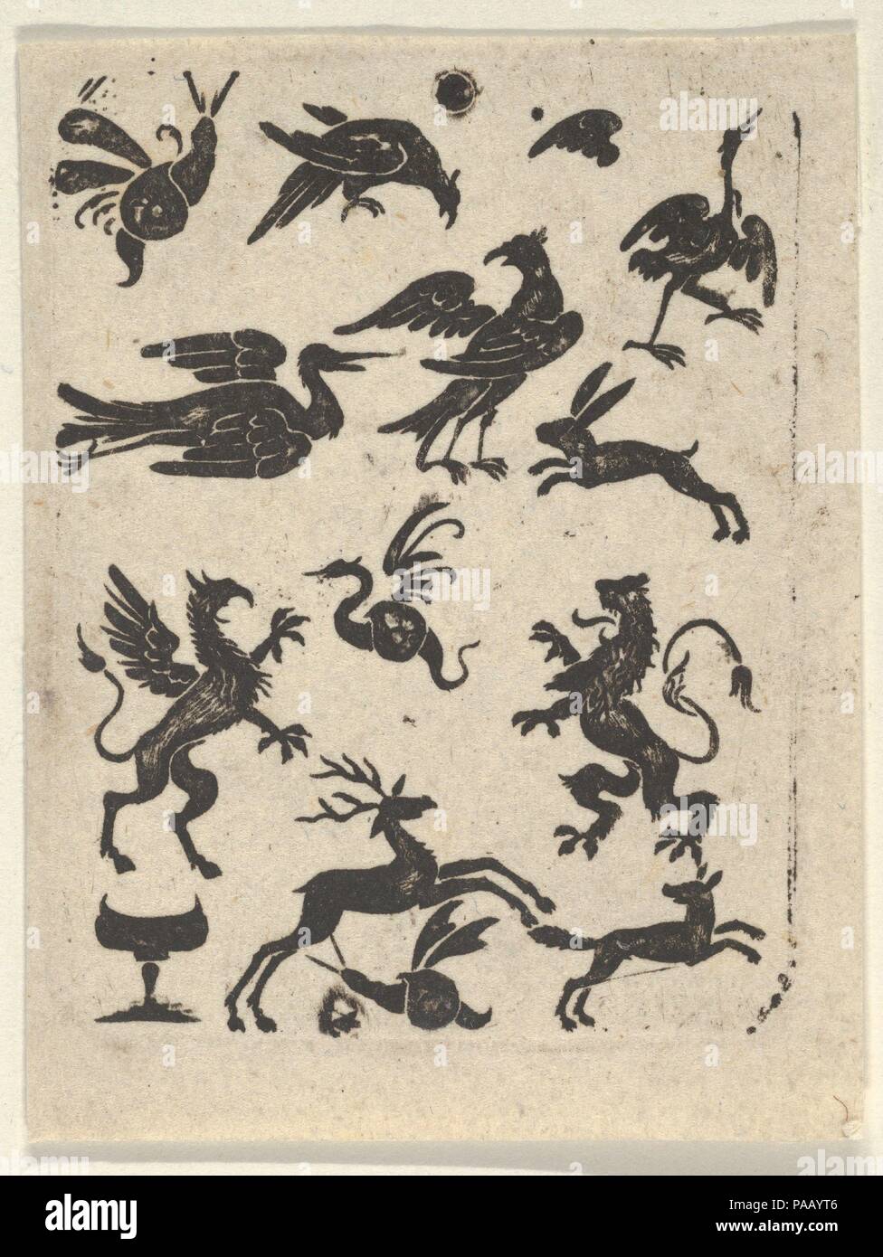 Blackwork Design with Fifteen Motifs. Artist: attributed to Jonas Bentzen (ca. 1592-1616). Dimensions: Sheet: 2 3/8 × 1 3/4 in. (6 × 4.5 cm). Date: ca. 1592-1616.  Blackwork print with fifteen small motifs for goldsmiths work. The motifs are small animals or mythical creatures, including griffins and winged snails, as well as a goblet at the bottom left. Museum: Metropolitan Museum of Art, New York, USA. Stock Photo