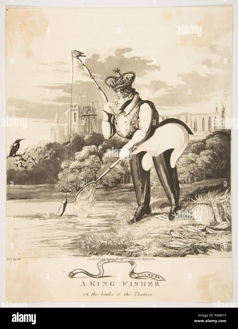 A King Fisher on the Banks of the Thames. Artist: Monogrammist JVS (British, active 1827). Dimensions: sheet: 11 3/16 x 8 9/16 in. (28.4 x 21.8 cm). Publisher: Thomas McLean (British, active London 1788-1885). Date: 1827. Museum: Metropolitan Museum of Art, New York, USA. Stock Photo