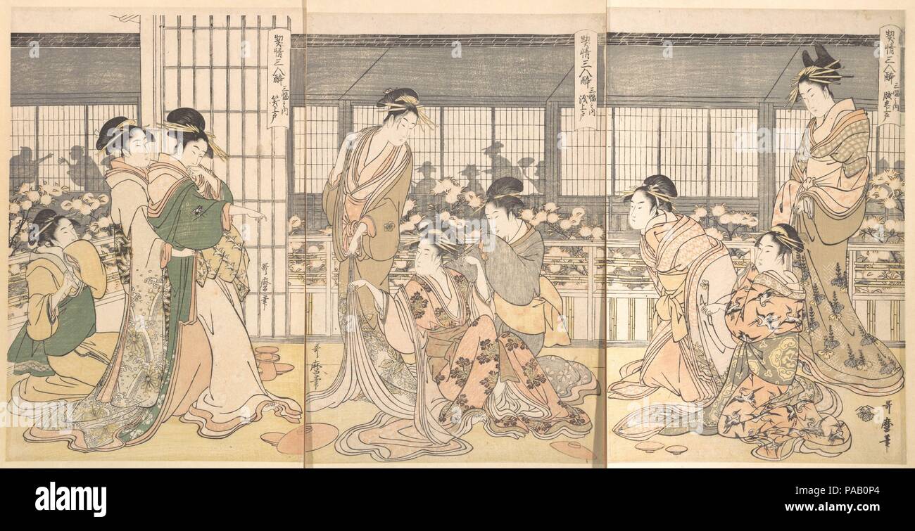 Three Intoxicated Courtesans. Artist: Kitagawa Utamaro (Japanese, ca. 1754-1806). Culture: Japan. Dimensions: Each H. 12 7/8 in. (32.7 cm); W. 8 1/2 in. (21.6 cm). Date: 1790s.  Utamaro's use of silhouette to render the enormous length of the Green House and its inhabitants is unquestionably bold. Three groups of courtesans stand on a balcony, and the tops of the blossoming cherry trees in the courtyard are visible behind them. The silhouettes visible across the courtyard reinforce the almost claustrophobic lack of privacy afforded by these pleasure houses. Utamaro's inscriptions describe the  Stock Photo