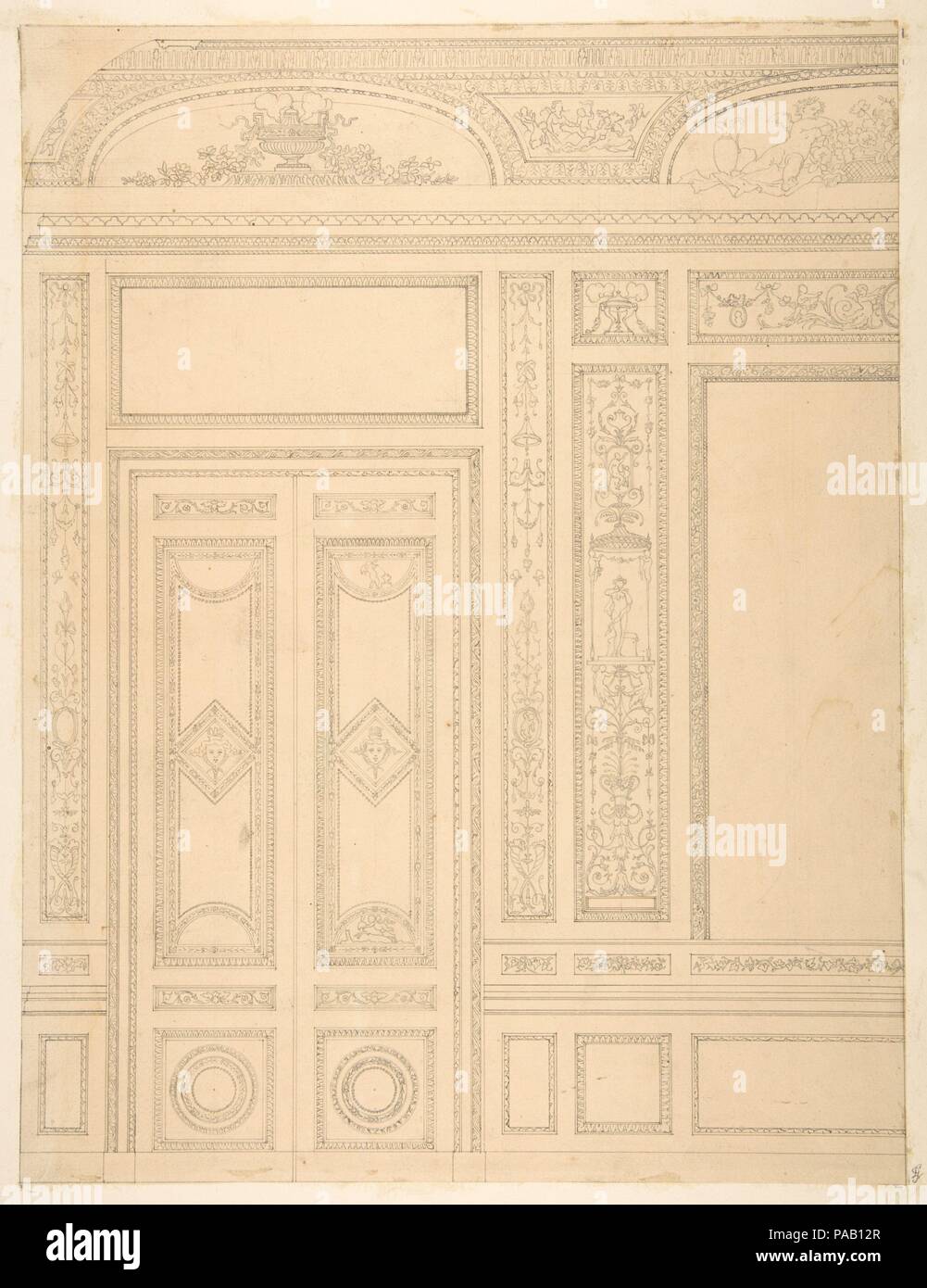 Elevation of an interior showing a paneled wall and double doors decorated in rococco sty.e. Artist: Jules-Edmond-Charles Lachaise (French, died 1897); Eugène-Pierre Gourdet (French, born Paris, 1820-1889). Date: 1830-97. Museum: Metropolitan Museum of Art, New York, USA. Stock Photo