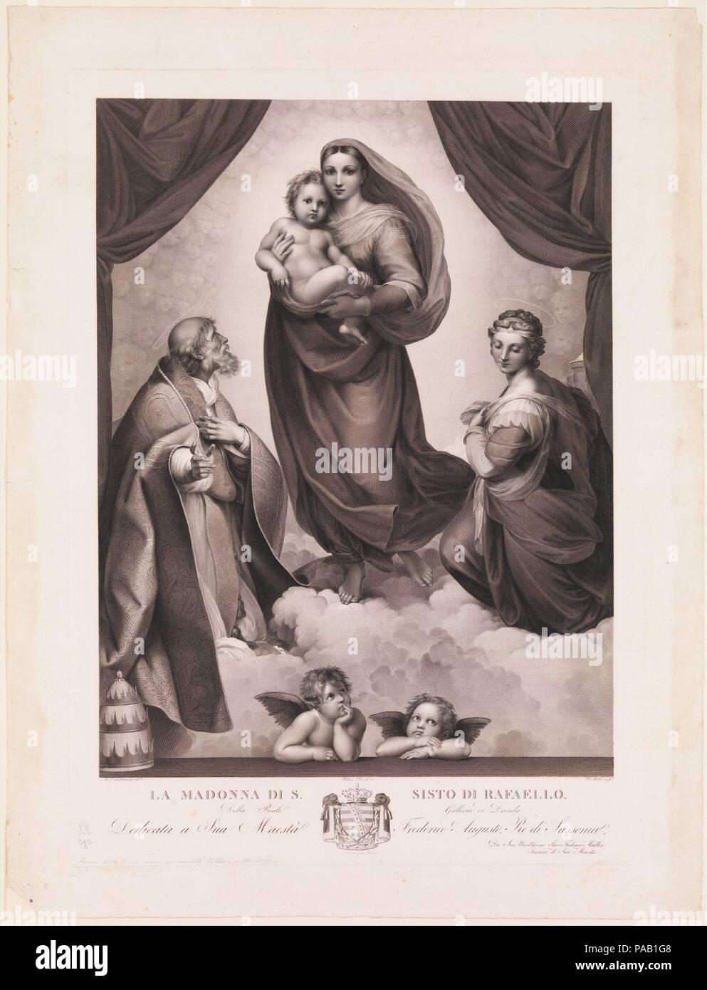 The Sistine Madonna. Artist: After Raphael (Raffaello Sanzio or Santi) (Italian, Urbino 1483-1520 Rome); Johann Friedrich Wilhelm Müller (German, 1782-1816). Dimensions: plate: 30 1/4 x 22 in. (76.8 x 55.9 cm)  sheet: 34 3/4 x 26 1/2 in. (88.3 x 67.3 cm). Printer: Printed by Seidelmann (German). Publisher: Published by Rittner. Date: n.d.. Museum: Metropolitan Museum of Art, New York, USA. Stock Photo