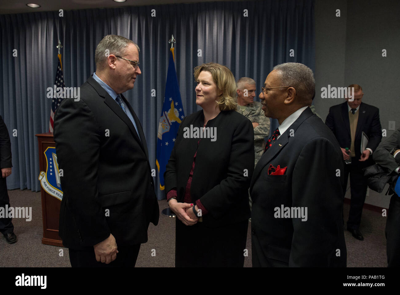 Deputy Secretary of Defense Bob Work speaks with City of Dayton Mayor Nan Whaley (center) after speaking to a group of students from the local Dayton, Ohio, area during 'Week at the Labs' event at Wright-Patterson Air Force Base, Ohio, March 3, 2016. (Photo by Senior Master Sgt. Adrian Cadiz/Released) Stock Photo