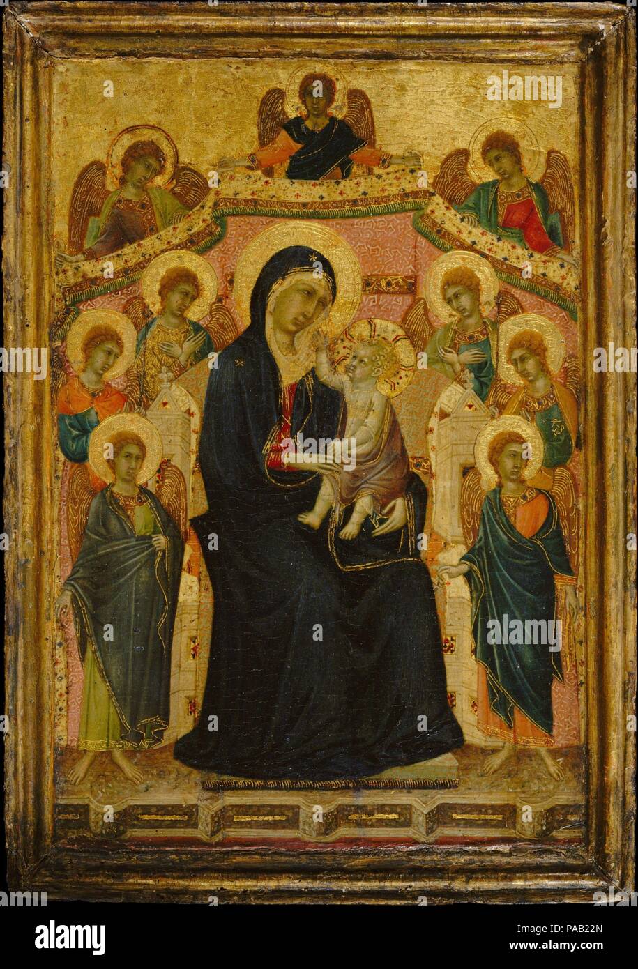 Madonna and Child with Nine Angels. Artist: Segna di Buonaventura (Italian, active Siena by 1298-died 1326/31). Dimensions: Left wing, overall, with engaged frame, 15 1/8 x 10 5/8 in. (38.4 x 27 cm); right wing, overall, with engaged frame, 15 x 10 5/8 in. (38.1 x 27 cm). Date: ca. 1315.  This panel and another in the Lehman Collection portraying the Crucifixion (1975.1.2) formed a diptych (two panels hinged together so they could open and close) and would have been used for private devotion. The radiant beauty of the Virgin's court, enhanced by the ornamental detail, contrasts with the tragic Stock Photo