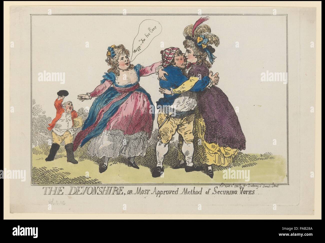 The Devonshire, or Most Approved Method of Securing Votes. Artist: Thomas Rowlandson (British, London 1757-1827 London). Dimensions: Sheet: 10 3/8 × 15 1/8 in. (26.3 × 38.4 cm)  Plate: 9 9/16 × 13 13/16 in. (24.3 × 35.1 cm). Published in: London. Publisher: Elizabeth Darchery (British, active 1780-84). Subject: Georgiana Cavendish, Duchess of Devonshire (British, Wimbledon, Surrey 1757-1806 Devonshire). Date: April 12, 1784. Museum: Metropolitan Museum of Art, New York, USA. Stock Photo