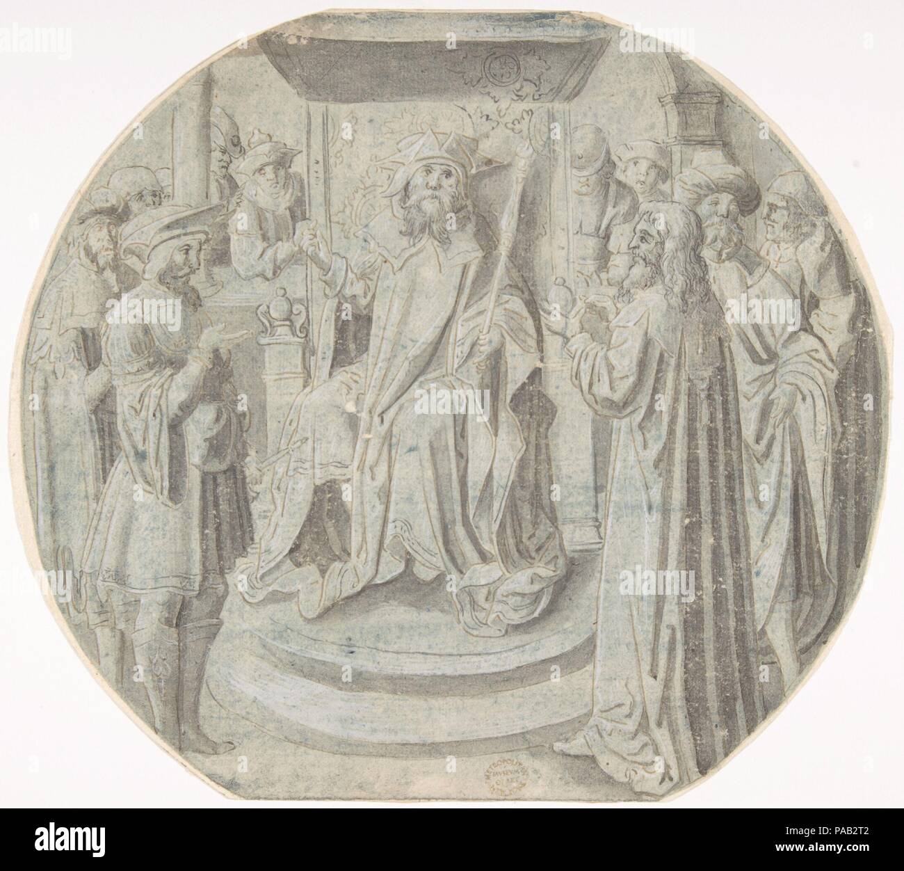 King Ahasuerus in Council. Artist: ? Circle of Pseudo-Aert Ortkens (Flemish, 1510-1540). Dimensions: sheet: 8 3/8in. (Irregular shape: Circular with top and bottom cut off). Former Attribution: Formerly attributed to School of Lucas van Leyden (Netherlandish, Leiden ca. 1494-1533 Leiden). Date: 16th-mid 16th century ?. Museum: Metropolitan Museum of Art, New York, USA. Stock Photo