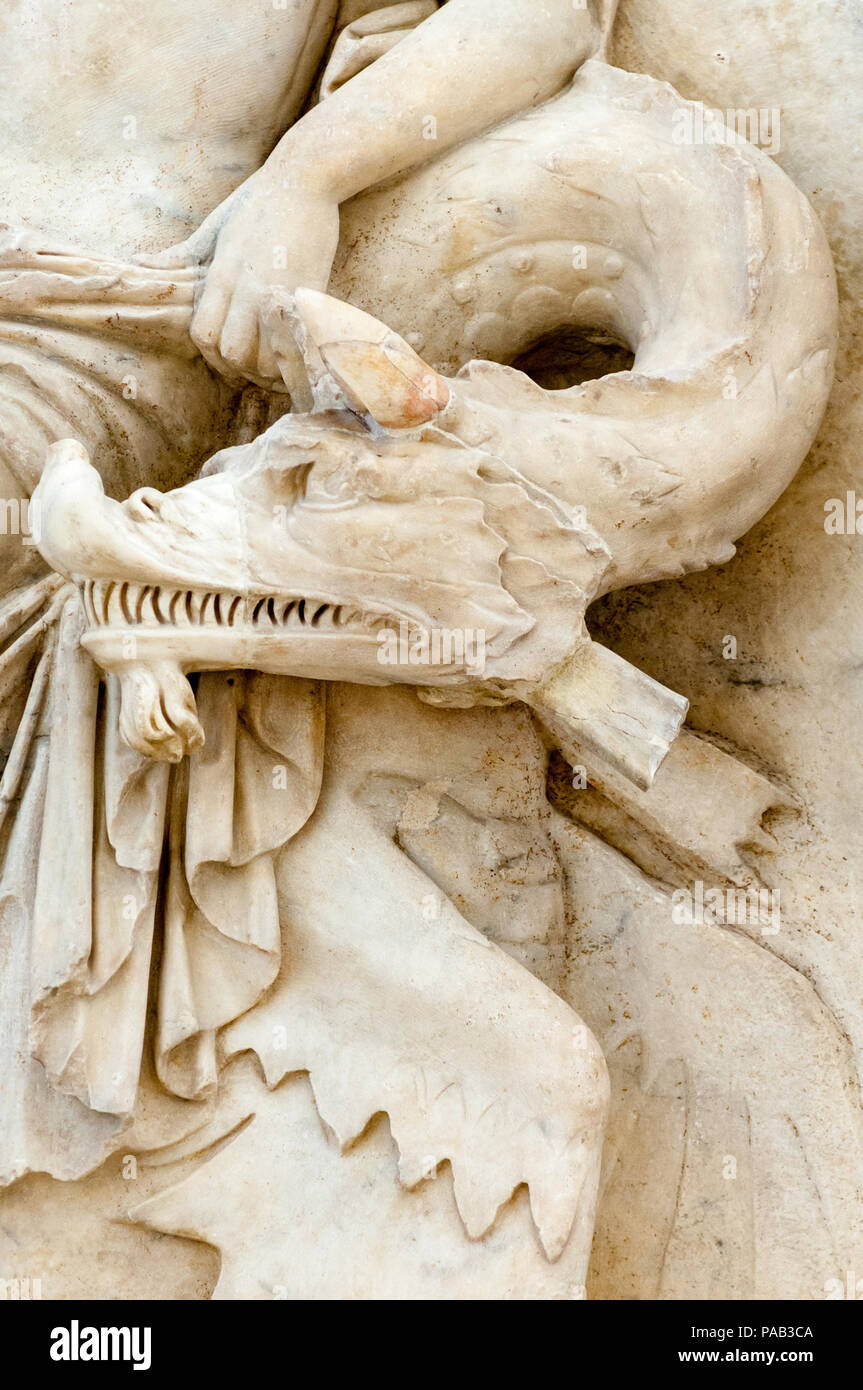 Bas relief of a sea serpents head from the eastern facade, or Tellus panel, of the Ara Pacsis  Augustae in Rome, dating from around 9 BCE Stock Photo