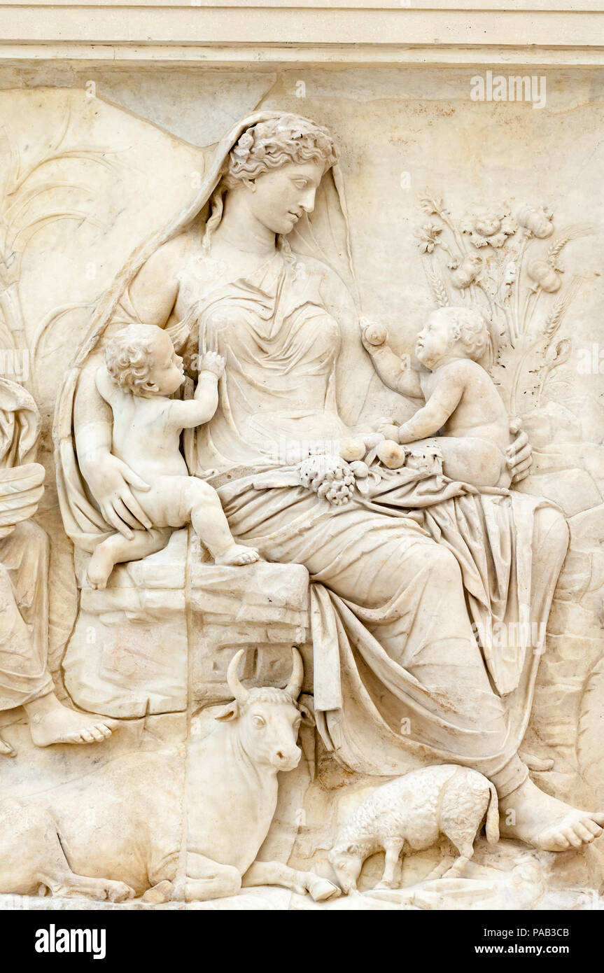 Detail of the goddess section of the 'Tellus' panel from the Ara Pacis Augustae (Altar of Augustan Peace) in Rome dedicated to Pax, the Roman goddess. Stock Photo