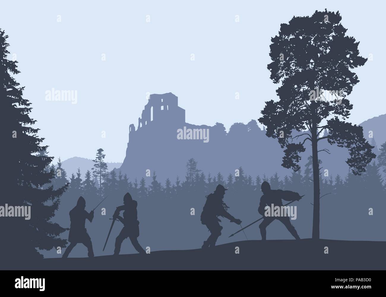 Silhouettes of four warriors fighting in a forest under the ruins of a medieval castle - vector Stock Vector