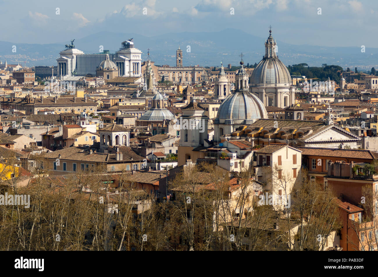 View of the Museo Vittoriano in Rome, with the domes of San Salvatore in Lauro, Santa Maria della Pace, Sant Agnese in Agone and the Church of Gesu. Stock Photo