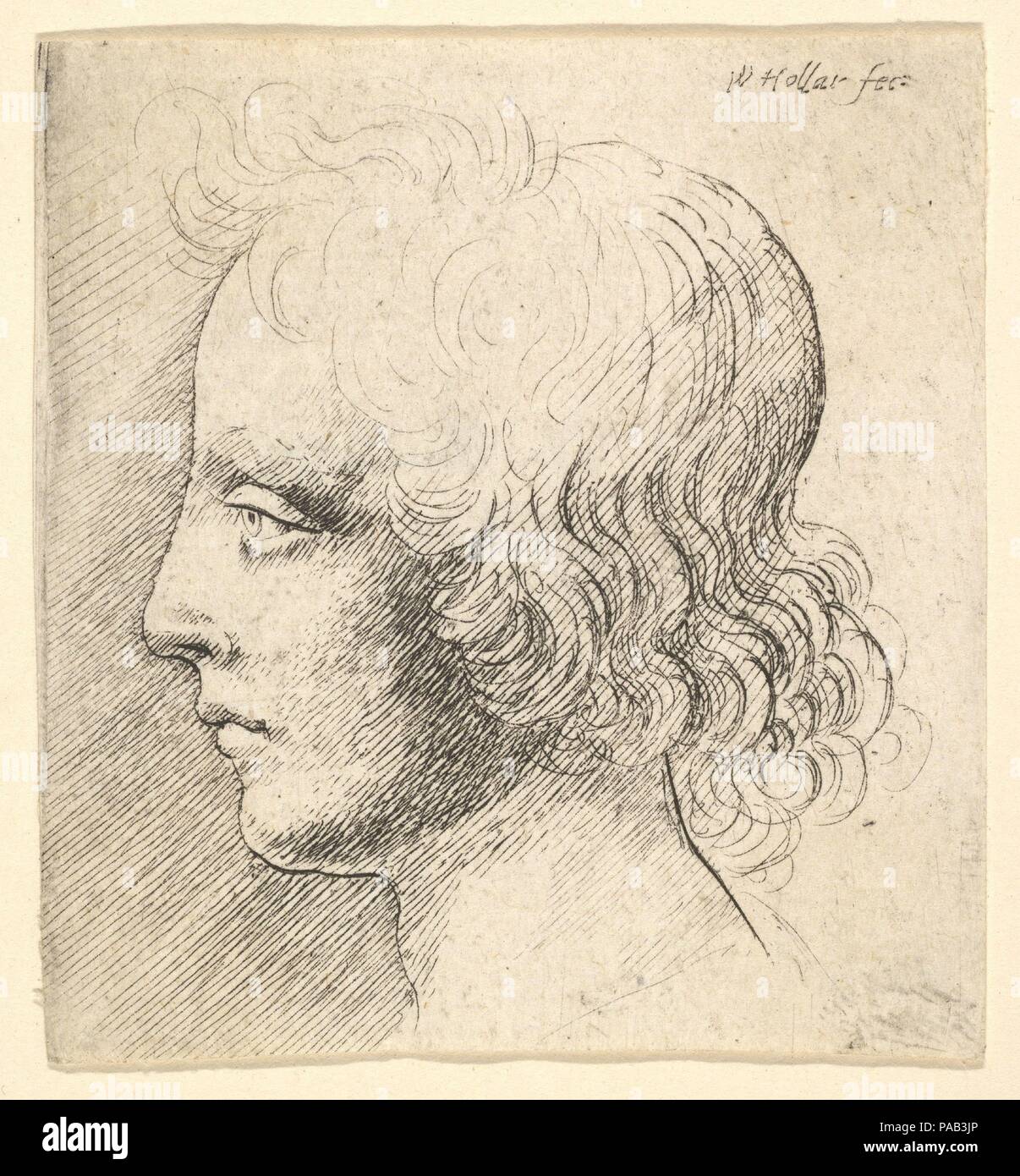 Head of Young Man. Artist: Wenceslaus Hollar (Bohemian, Prague 1607-1677 London). Dimensions: Sheet: 2 1/4 × 2 1/8 in. (5.7 × 5.4 cm)  right hand side of cut plate and cut within platemark on other sides. Date: 1625-77.  Head of a youth with curly hair falling over the nape of his neck, in profile to left; after Leonardo da Vinci; second state, right side of cut plate. Museum: Metropolitan Museum of Art, New York, USA. Stock Photo