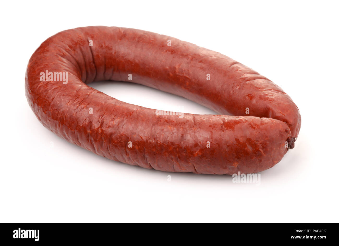 Smoked beef sausage isolated on white Stock Photo