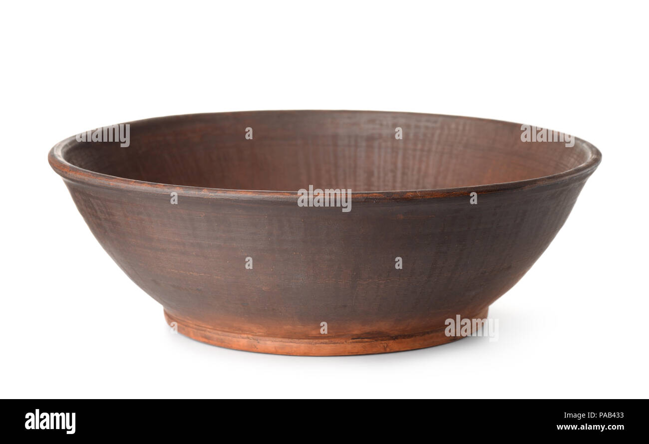 Empty handmade clay dish isolated on white Stock Photo
