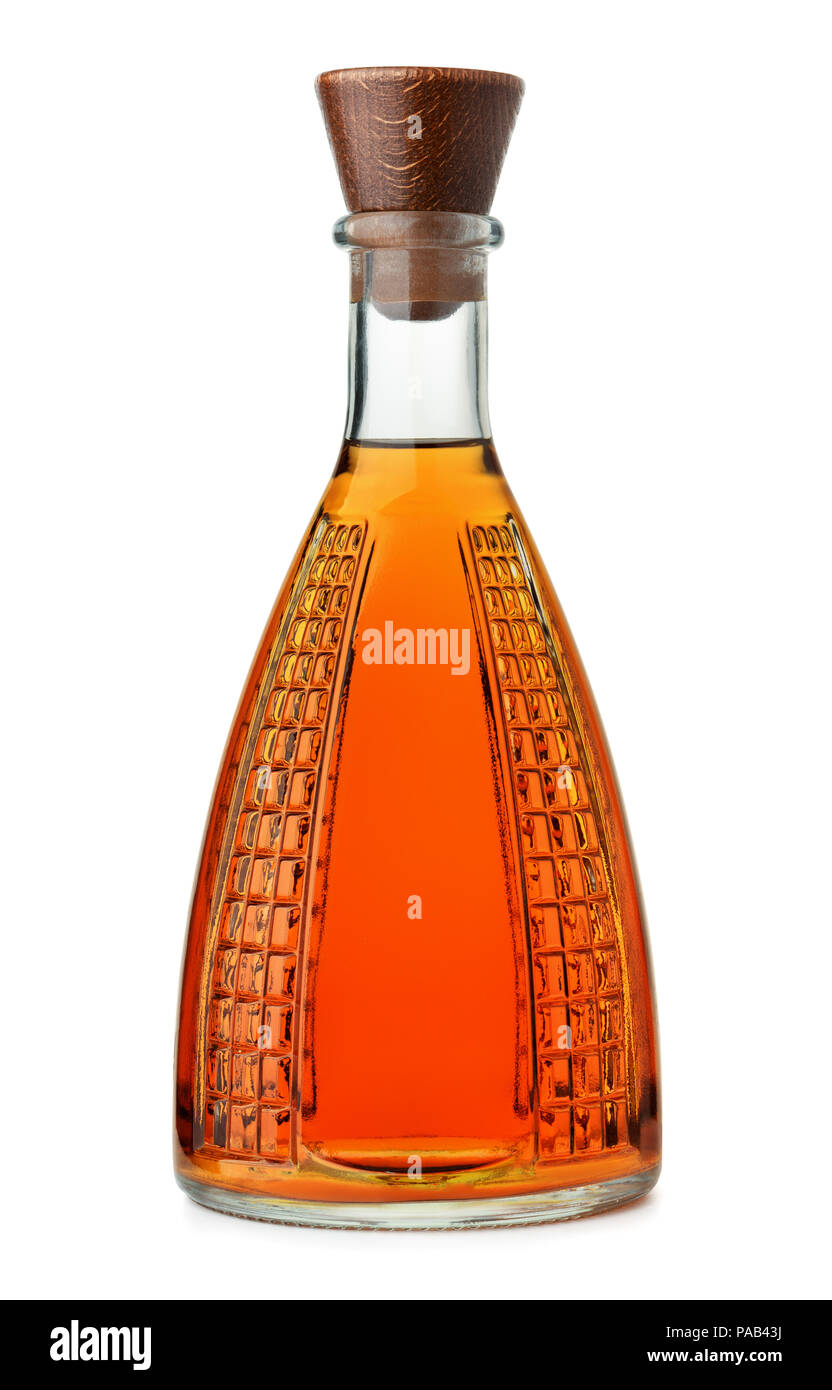 Front view of full unlabeled cognac bottle isolated on white Stock Photo