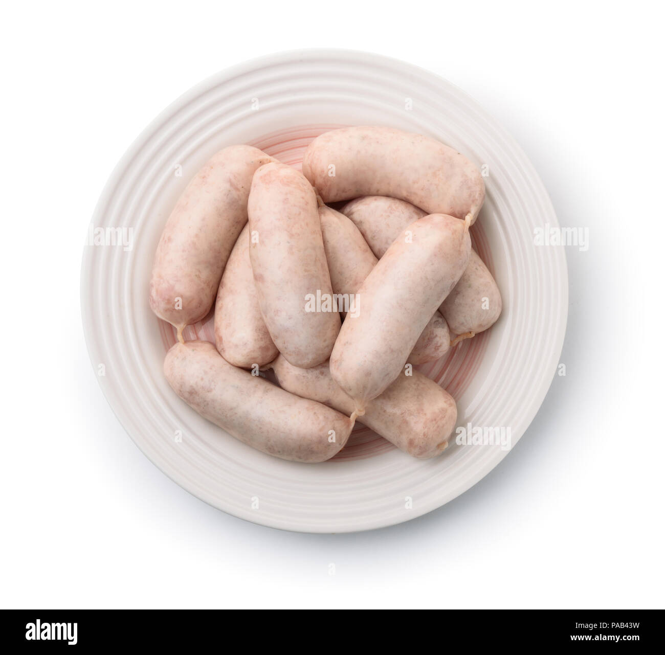 Plate of traditional bavarian white sausages isolated on white Stock Photo