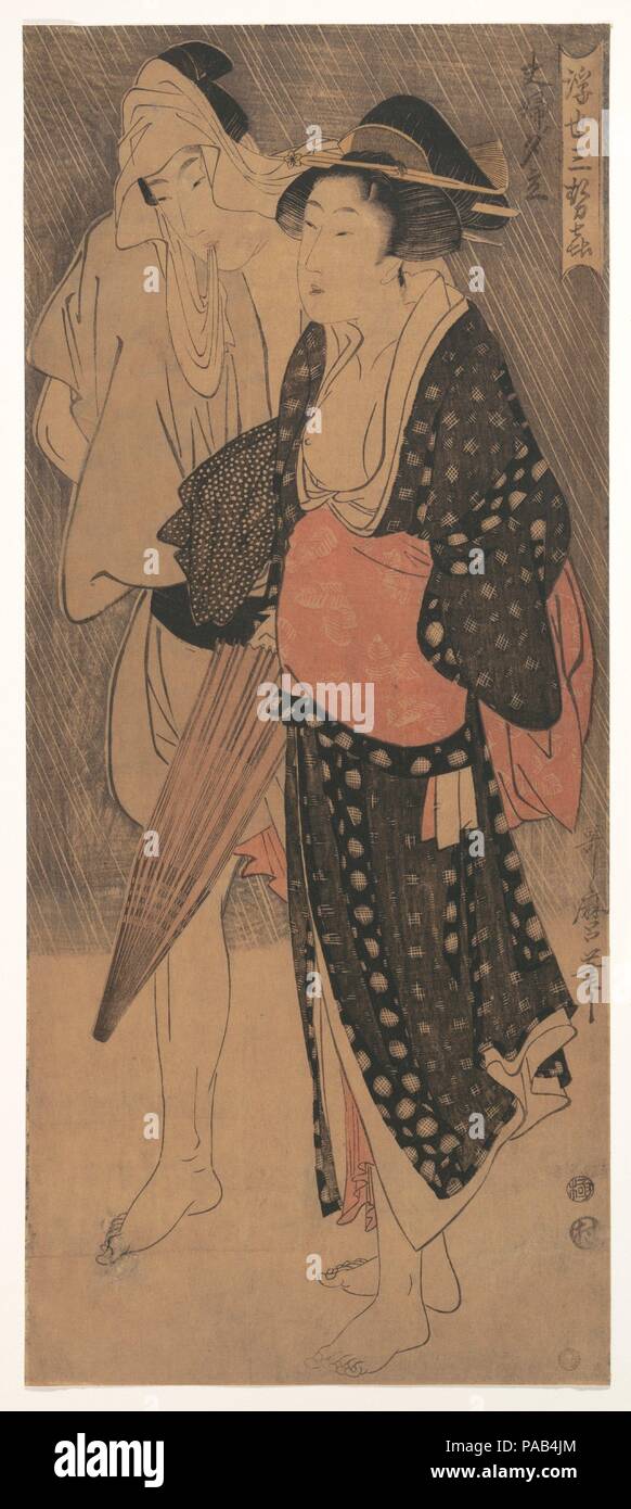 Couple in an Evening Shower, From the series Three Evening Pleasures of the Floating World. Artist: Kitagawa Utamaro (Japanese, ca. 1754-1806). Culture: Japan. Dimensions: 20 x 8 1/2 in. (50.8 x 21.6 cm). Date: ca. 1800.  The title of the series reveals that it parodies three evening scenes from the early-thirteenth-century anthology Shinkokin wakashu. The scenes are of sunset, the cool of twilight, and an evening rain. This image displays an appreciation of ordinary aspects of daily life, capturing the moment that the couple sets out in the rain, he tucks up his robe, and she prepares to open Stock Photo