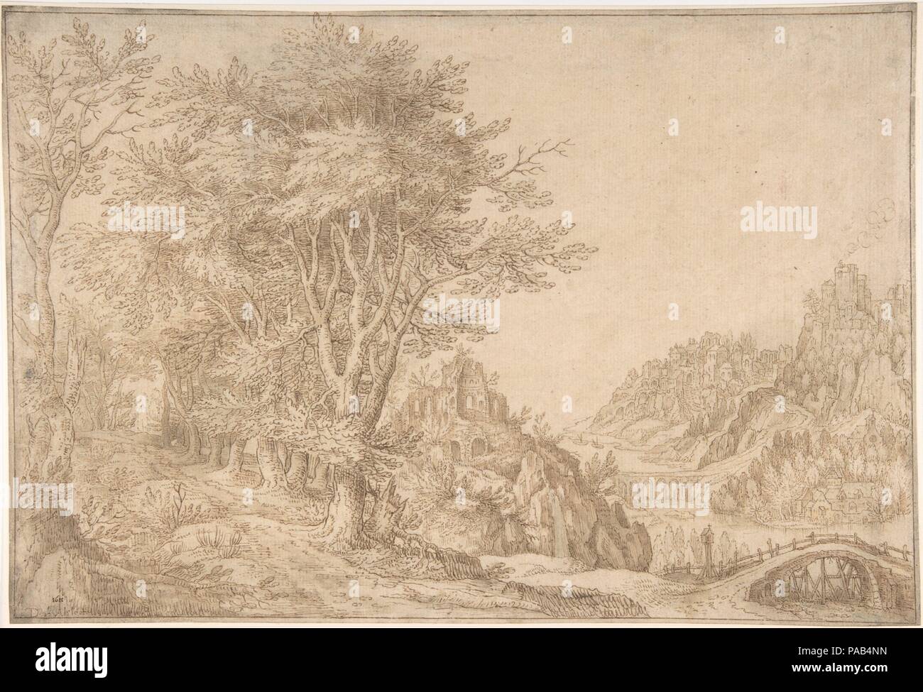 Wooded Landscape with a River, Castle, and Town Beyond. Artist: Denis van Alsloot (Brussels, before 1573-1625/26 Brussels). Dimensions: 9 7/16 x 13 15/16 in.  (24 x 35.4 cm). Date: 1611 (?). Museum: Metropolitan Museum of Art, New York, USA. Stock Photo