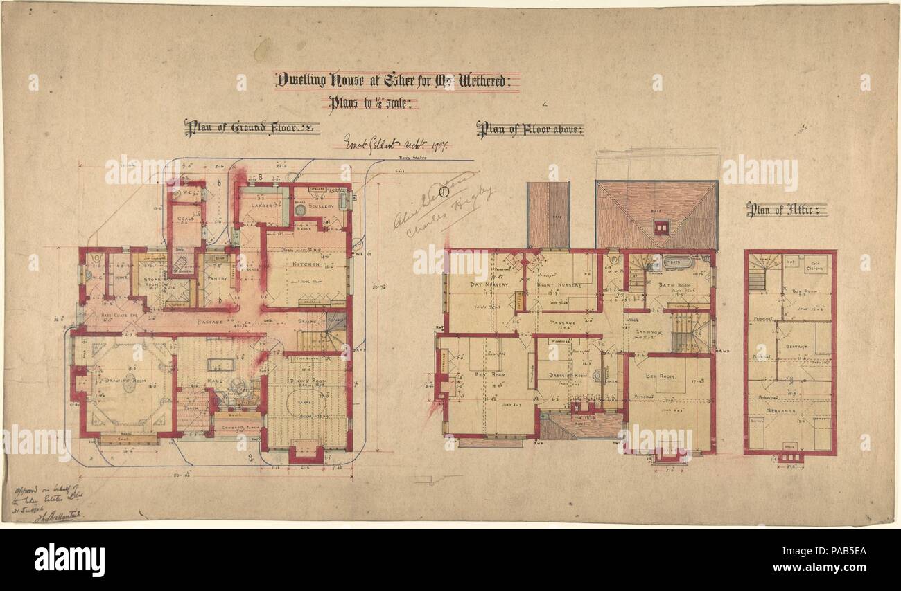 Dwelling house at Esher for Mrs. Wethered: Two plans. Artist: Ernest Geldart (British, London 1848-1929). Dimensions: sheet: 12 1/4 x 20 3/4 in. (31.1 x 52.7 cm). Date: 1907. Museum: Metropolitan Museum of Art, New York, USA. Stock Photo