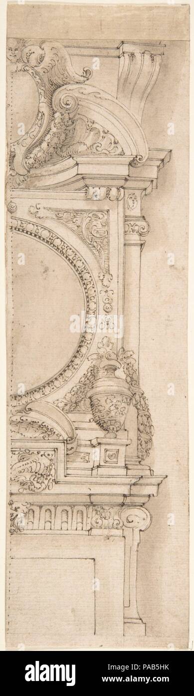 Design for the right half of a chimneypiece. Artist: Anonymous, Italian, 17th century. Dimensions: 11 7/16 x 3 5/16 in. (29 x 8.4 cm) maximum dimensions; strip has been added to the top. Date: 17th century.  By the seventeenth century, chimneypieces had become an important object of design within the interior. Examples in late Renaissance and early Baroque styles were often highly sculptural, heavily ornate and very colorful feats of design bravura. The love for the theatrical, which characterized the Baroque period, meant that a certain level of monumentality was pursued. In that respect, the Stock Photo