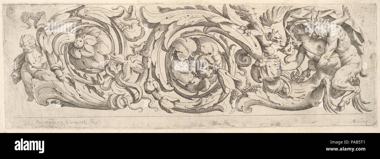 Disegni Varij di Polifilo Zancarli (Friezes). Artist: Polifilo Giancarli (active in Venice ca. 1600-1625); Odoardo Fialetti (Italian, Bologna 1573-1637/38 Venice). Dimensions: Plate: 5 11/16 x 17 1/8 in. (14.4 x 43.5 cm). Published in: Venice. Date: ca. 1625.  Design for a frieze with a meandering acanthus scroll with two big loops. On the right side of the frieze a satyr grabs a female hybrid creature whose lower body transforms into the acanthus scroll. To the left two fantastical creature, variants to a bird and snake, are fighting. Further to the left a dragon and a snake are interspersed  Stock Photo