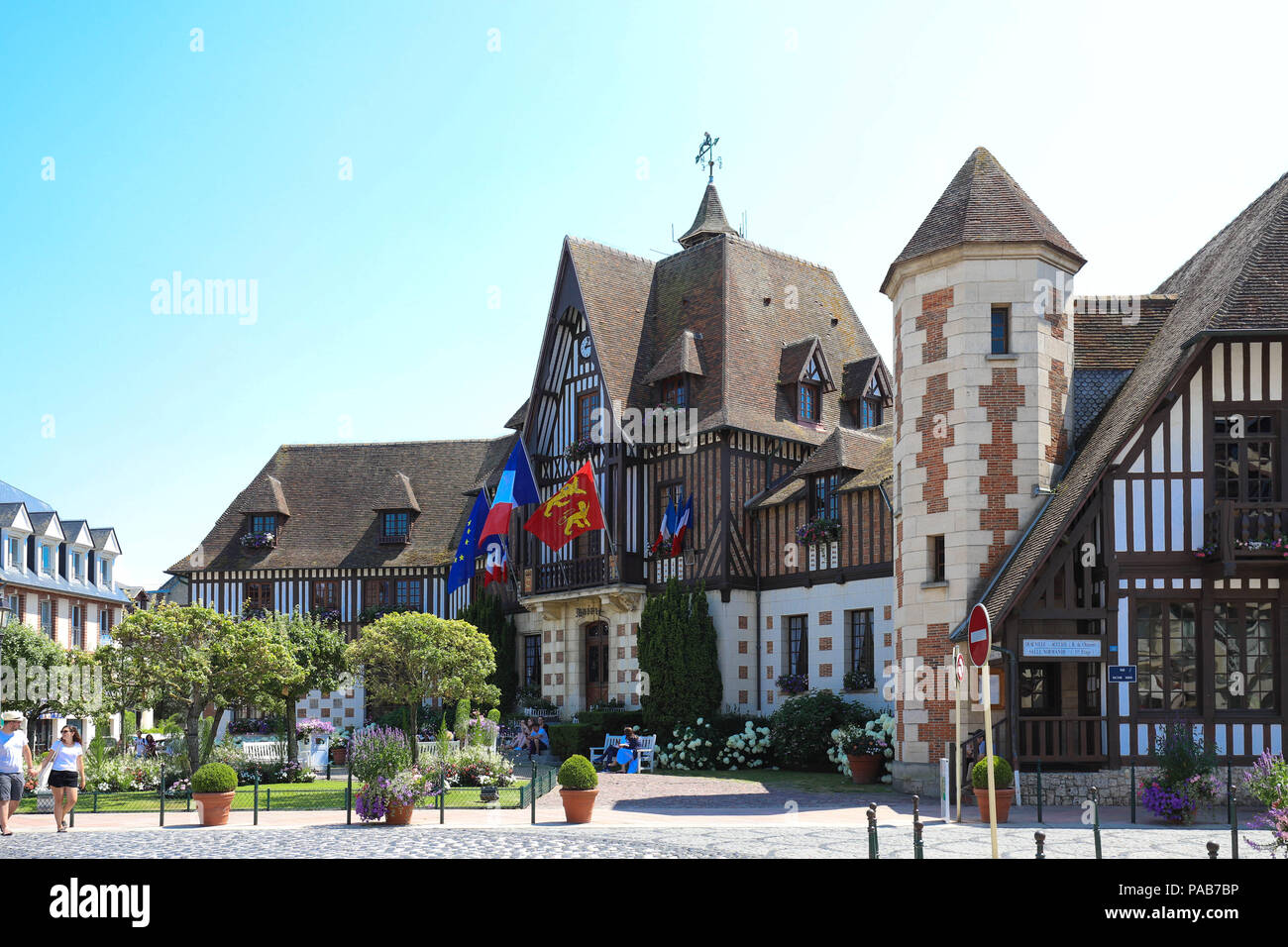 Decorated with flags and flowers Town Hall in Deauville, France