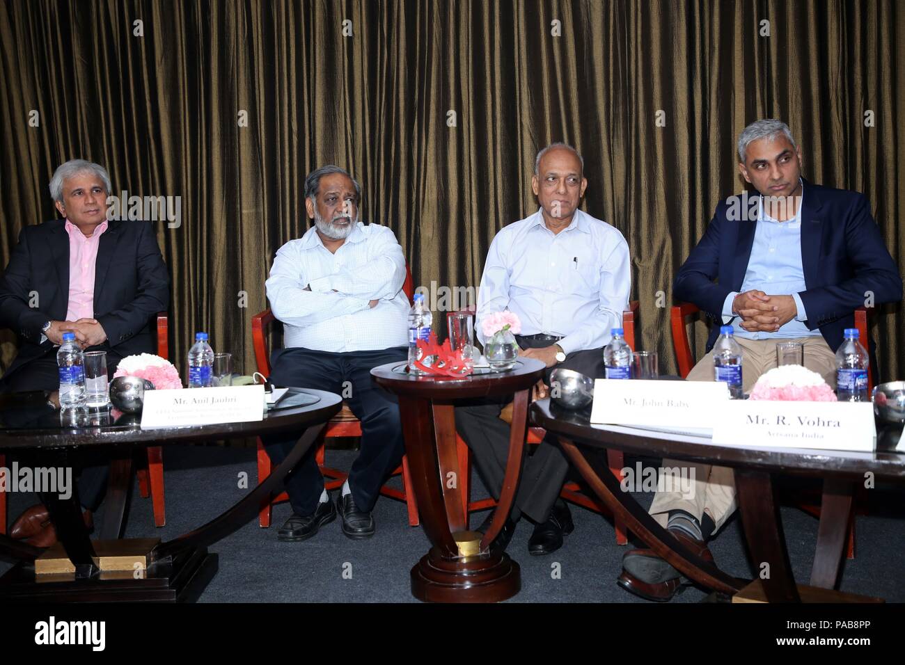 New Delhi, India. 20th July, 2018. (L-R) Dr S.S. Gupta, Senior Development Officer, Department of Industrial Policy and Promotion, Ministry of Commerce and Industry, Anil Jauhri, CEO, National Accreditation Board for Certification Bodies (NABCB) Vivek Jhangiani, The All India Toy Manufacturers Association (TAITMA) during the Panel discussion on Indian Toy Industry Credit: Jyoti Kapoor/Pacific Press/Alamy Live News Stock Photo