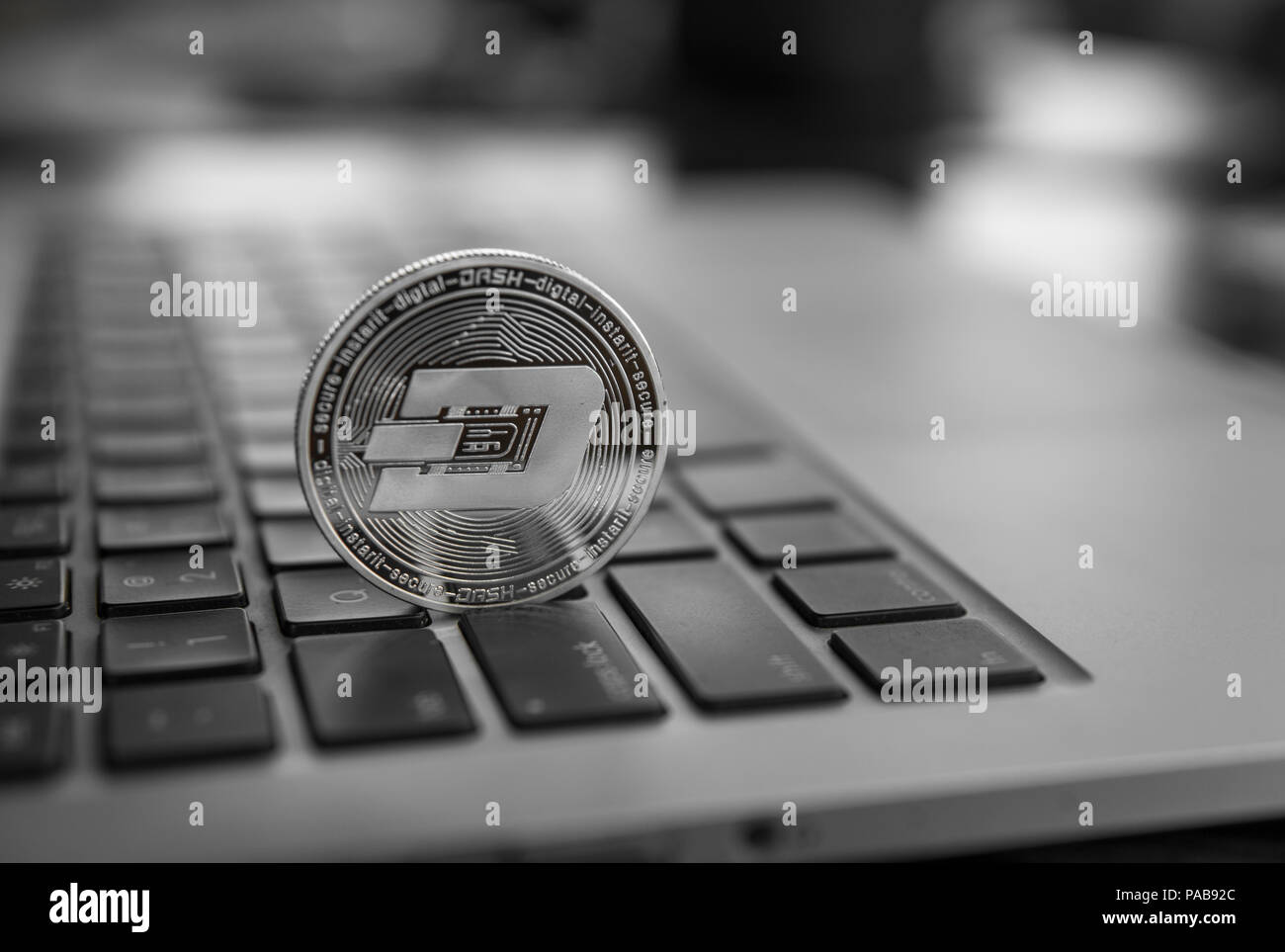 Dash coin symbol on laptop. Concept financial currency, crypto currency  sign. Blockchain mining. Digital money and virtual cryptocurrency concept.  Bussiness, commercial Stock Photo - Alamy