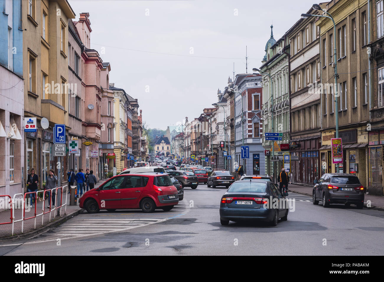 Hlavni Street in Cesky Tesin city in the Moravian-Silesian Region of Czech Republic Stock Photo