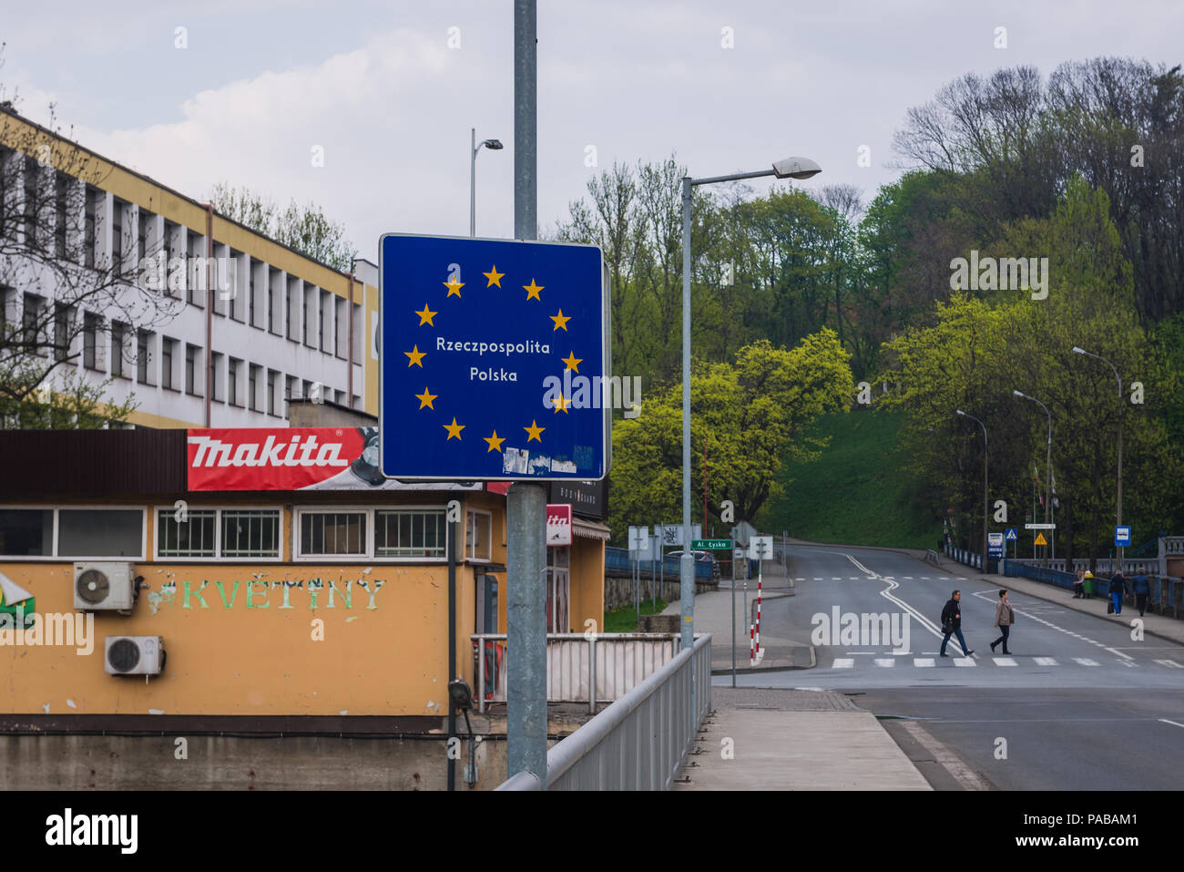 Border sign on a Freedom Bridge in Cieszyn city in Poland next to Cesky Tesin city in Czech Republic Stock Photo