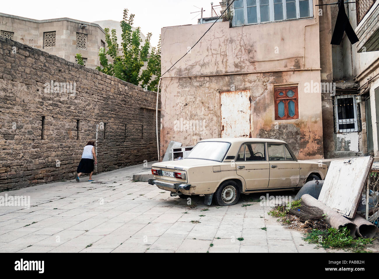baku city old town street view in azerbaijan with vintage old soviet car Stock Photo
