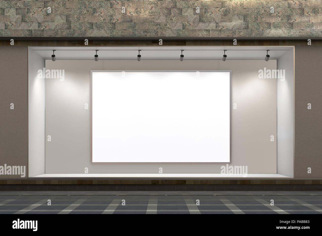 Empty store window at night Blank poster in illuminated Empty store window at night Blank poster in illuminated