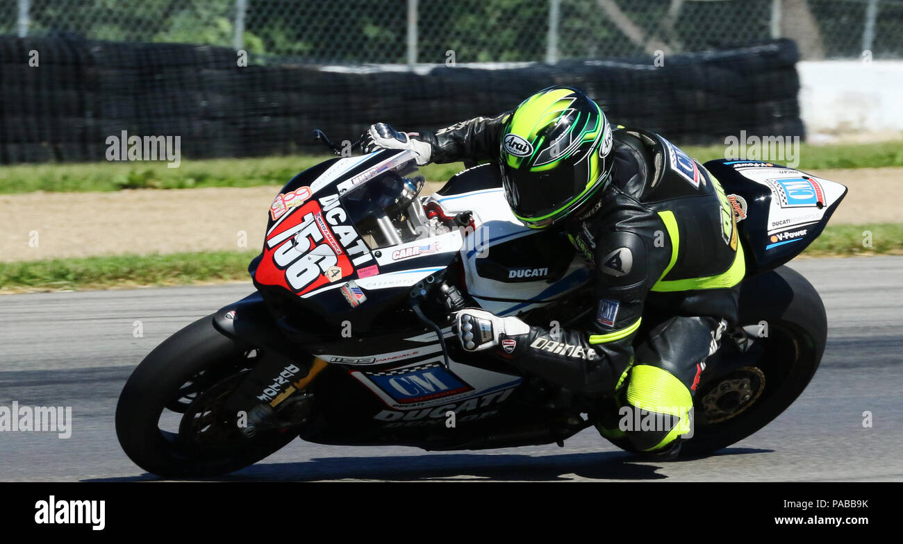 Motorcycle 756 with logos including Arai, Ducati, Dainese, Dunlop.  American Motorcycle Association Vintage Motorcycle Days 2018 event. Motorcycle rac Stock Photo